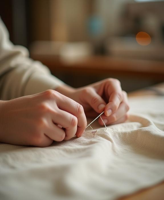 Close-up of an artisan's hands carefully stitching a fine linen fabric.