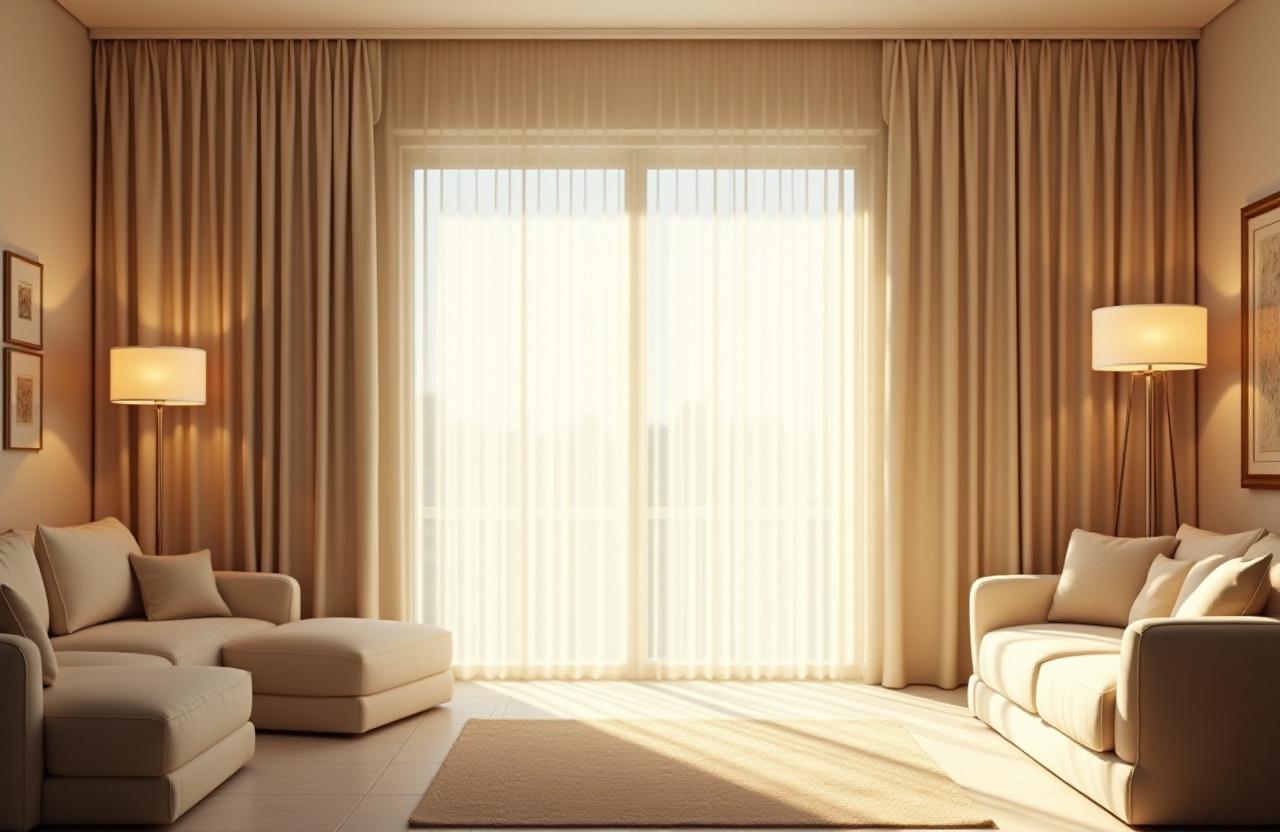 An elegant living room with floor-to-ceiling beige curtains catching the soft morning light.