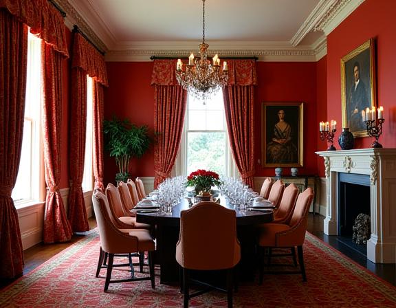 Bold patterned curtains making a statement in a formal dining room.